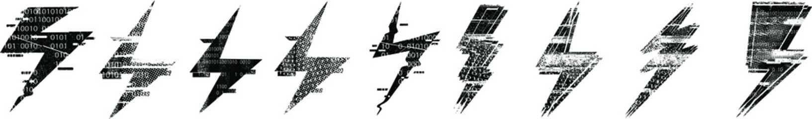 Thunder bolt lighting flash textured logo . Glitch effect .Electric power design element . Vector illustration.