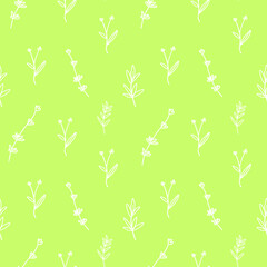 Vector seamless floral pattern in white line on lime background.Repeating botanical print in a minimalist style in bright modern colors.Designs for textiles,wallpaper,fabric,wrapping paper,packaging.