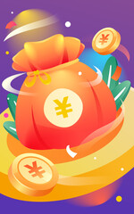 Internet financial management, money bag with lots of gold coins and coupons, vector illustration