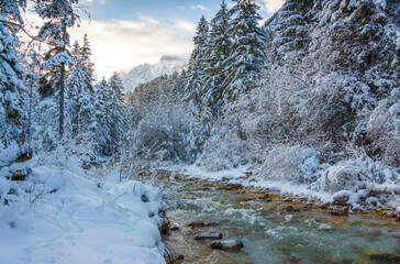 Sunset in the winter mountains
