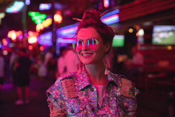Stylish woman wearing jacket with shining sequins on the city street with neon lights