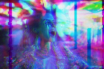 Woman having psychedelic trip with hallucinations after drug abuse. Noise and glitch effects...