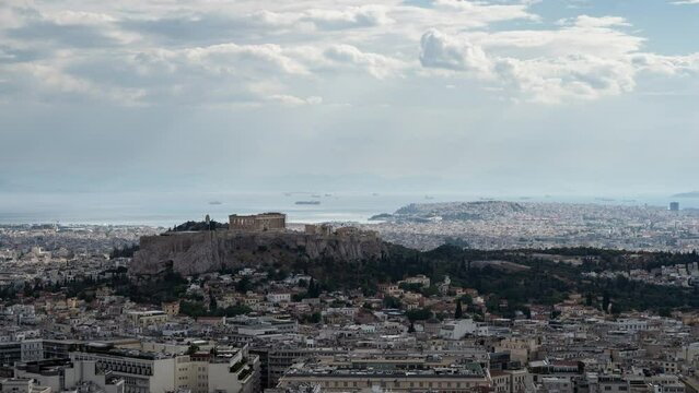 Acropolis Parthenon time lapse on a cloudy day, Athens Greece