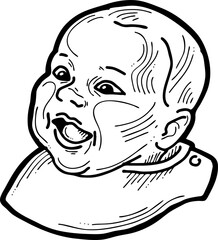 New born sweet baby face emotions. Little happy child surprised with open mouth. Hand drawn character vector illustration. Retro vintage comic cartoon line style drawing.