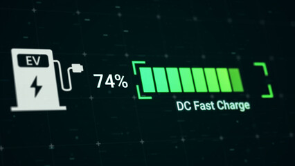 Battery charging status interface of electric vehicle using DC fast charger from charging station, 3d rendering futuristic fuel power level indicator UI display for EV automotive industry technology