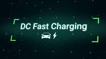 DC fast charger available display banner for electric vehicle charging station, futuristic green energy power car UI display for EV automotive industry technology 3d rendering