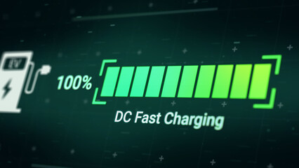 Fototapeta premium Battery charging status interface of electric vehicle using DC fast charger from charging station, 3d rendering futuristic fuel power level indicator UI display for EV automotive industry technology