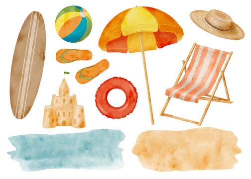 Watercolor summer beach vacation set. Hand drawn beach umbrella, chair, sun hat, flip flops, swim ring, sand castle, surfboard illustrations, water and sand texture backgrounds isolated on white