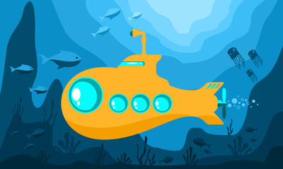 Fototapeta premium underwater submarine in the sea with fish