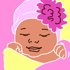 New born sweet baby face emotions. Little girl with big flower on the head sleeping and smiling. Hand drawn character vector illustration. Retro vintage comic cartoon line style drawing.