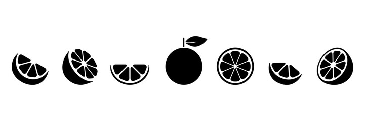 Orange slice shape set. Grapefruit black symbol collection. Mandarin elements. Citrus fruit whole, half and pieces silhouette group. Vector isolated on white background.