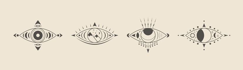 Abstract outline Eyes set. Simple, minimalistic linear art style. Trendy Vector illustration. Isolated round icons. Boho, esoteric, witchcraft, mystic concept. Logo, avatar, poster, print template