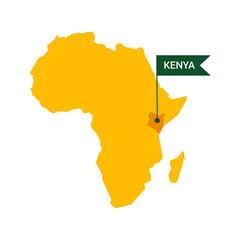 Kenya on an Africa s map with word Kenya on a flag-shaped marker. Vector isolated on white background. - obrazy, fototapety, plakaty