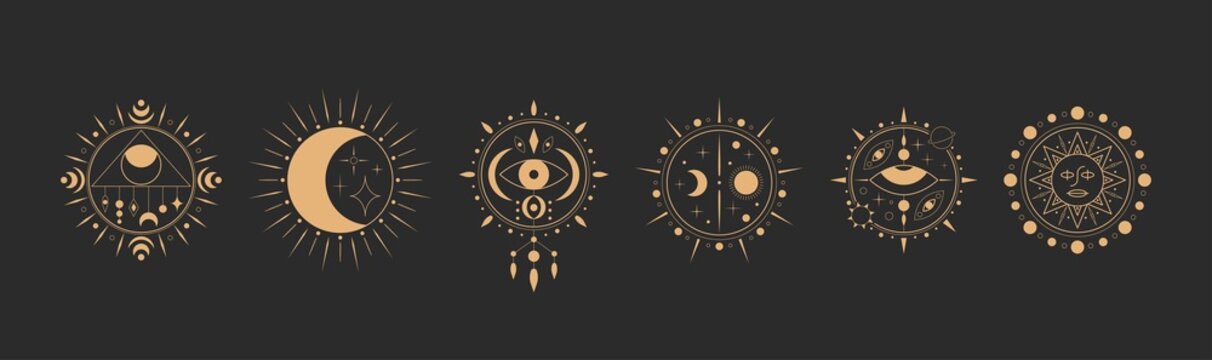 Evil Eye, crescent, moon. Minimalism, geometry, linear style. Trendy Vector illustration. Isolated icons. Boho, esoteric, witchcraft, alchemy, mystic, abstract concept. Logo, avatar, poster templates