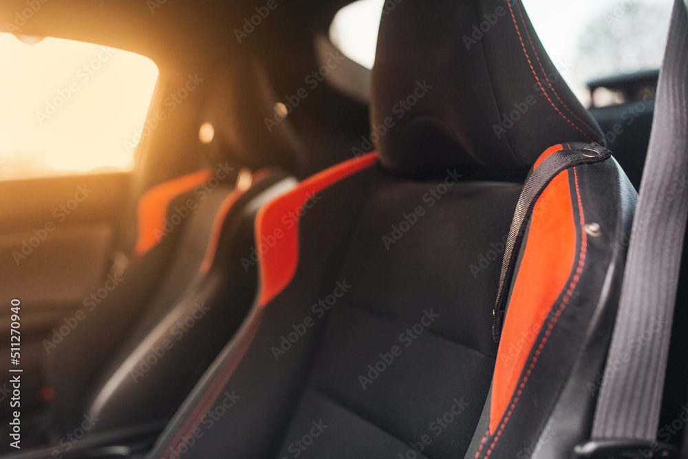 Wall mural Leather sport comfortable seat of a modern supercar. Comfortable seats  inside of modern coupe car