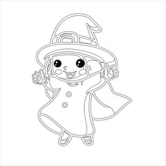 Sweet girl  witch Coloring page , 
Cute chibi kawaii Witch  characters , cute girl vector Illustration  Hand drawn vector illustration for coloring book