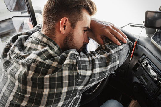 Tired Truck Driver Feeling Sleepy And Sick