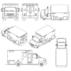 Set with contours of an ambulance from black lines isolated on a white background. Side view, isometric, front, back, top. 3D. Vector illustration.