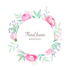 Watercolor floral wreath with peonies ,leaves . For wedding invitations.