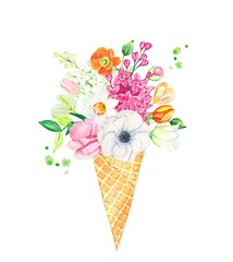Bouquet of summer flowers in a waffle cup , watercolor illustration