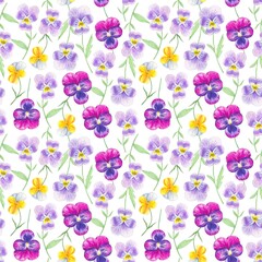 Seamless pattern with watercolor pansies , hand drawn pansy flowers.