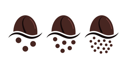 Coffee grind size degree chart grains icon set isolated on white background. Roasted brown coffee beans -  infographic elements of level grinding degree. Vector flat style drink design illustration.