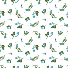 Obraz na płótnie Canvas Watercolor blueberry seamless pattern. Background with blue berries and twigs. Wild forest berries. Use for print, textile, wallpaper, scrapbooking.