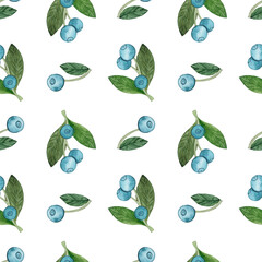 Watercolor blueberry seamless pattern. Background with blue berries and twigs. Wild forest berries. Use for print, textile, wallpaper, scrapbooking.