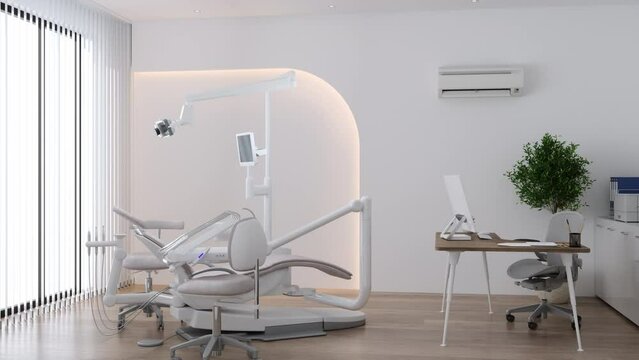 Dental Office With Dentist Chair, Dental Tools And Doctor's Desk