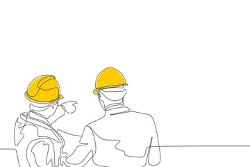 Single continuous line drawing of young construction manager giving instruction to builder coordinator at site meeting. Building architecture business concept. One line draw design vector  - obrazy, fototapety, plakaty