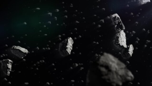 Seamless loop video. Сomet collision. Asteroid belt. Swarm of asteroids with volumetric light ray in deep space. Concept: cosmos, explosion, astronomy, galaxy. 3d space banner 4k HD stock footage