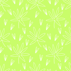 Vector seamless floral pattern in white line on lime background.Repeating botanical print in a minimalist style in bright modern colors.Designs for textiles,wallpaper,fabric,wrapping paper,packaging.