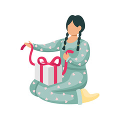 Vector illustration of a girl unpacking a Christmas gift.