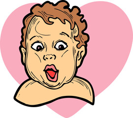 New born sweet baby face emotions with heart. Little happy child surprised with open mouth. Hand drawn character vector illustration. Retro vintage comic cartoon line style drawing.