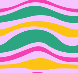 Seamless pattern background with abstract retro vintage 90s 00s y2k aesthetic waves. Bright pink, purple, yellow green vector illustration.