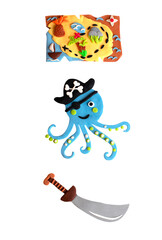 Pirate cartoon handmade set collection isolated on white background. Treasure map, octopus funny character and knife dagger. Childish cute craft game play art