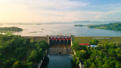 Established Aerial View of Pengge Dam in Indonesia. Multi-Purpose Embankment Dam on The Lombok River in the morning
