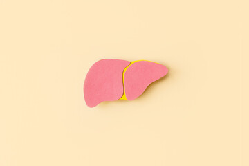 World hepatitis day. Liver on beige background. Awareness of prevention and treatment viral hepatitis. Liver cancer. World cancer day. - obrazy, fototapety, plakaty