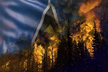 Forest fire natural disaster concept - infernal fire in the woods on Saint Lucia flag background - 3D illustration of nature