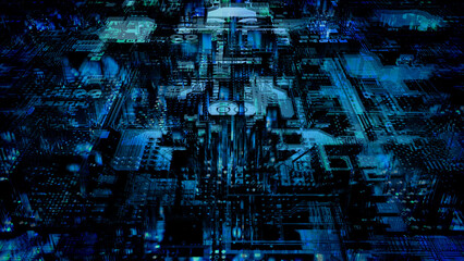 Blue dark cyberpunk innovation digital computer backdrop - abstract 3D illustration