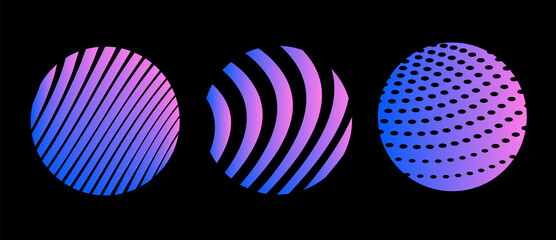 Vector set of abstract neon color illustration of different line and dot pattern in round frame. Decorative background