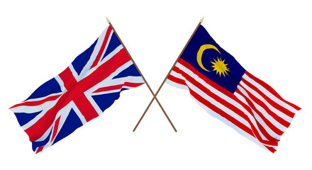 Background for designers, illustrators. National Independence Day. Flags The United Kingdom of Great Britain and Northern Ireland and Malaysia