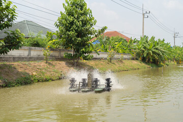 Water turbines machine on lake, pond or river in farm field in industry factory. Power, sustainable green clean energy, and environment concept. Nature innovation.