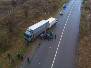 Severe accident. Traffic accidents on the road. View from above. The car got into an accident....