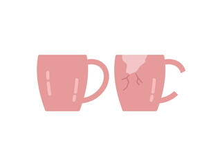 icon or symbol. cups that are still good and cups that are broken, cracked, damaged. object condition. before after. cartoon flat illustration. concept design. element