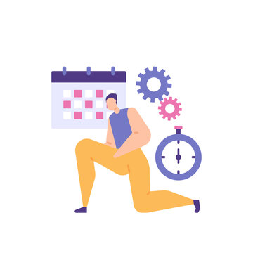 leg day workout. A man trains leg muscle strength. schedule, time, exercise, gym. flat cartoon illustration. concept design. element