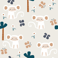 Seamless pattern with monkey and tropical plants. Childish cute print. Vector hand drawn illustration. - 511285510