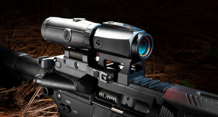 Magnifier behind a red dot sight on an AR-15