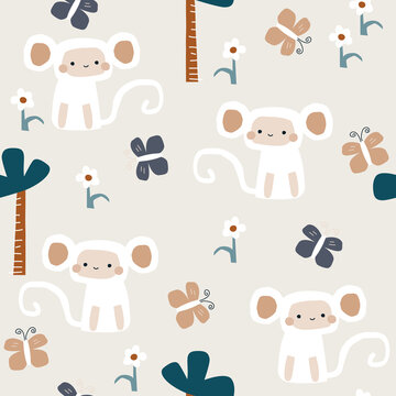 Seamless pattern with monkey and tropical plants. Childish cute print. Vector hand drawn illustration.
