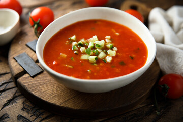Traditional homemade cold gazpacho soup